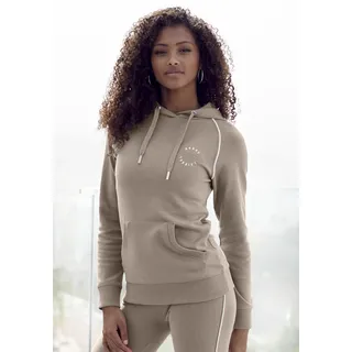 Hoodie H.I.S, Damen, Gr. 40/42, braun (camelfarben), Interlock, Obermaterial: 60% Baumwolle, 40% Polyester, unifarben, Basic, mit Paspel, Sweatshirts Hoodie, mit Kängurutasche, Loungewear, Topseller