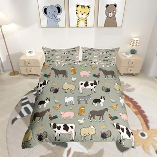 Homemissing Kuh Bettbezug Set Karikatur Katze Hund Pferd Bettwäsche Set 135x200cm für Kinder Jungen Mädchen Zimmer Bauernhof Tier Sammlung Dekor Betten Set Bauernhaus Stil 2St Reißverschluss