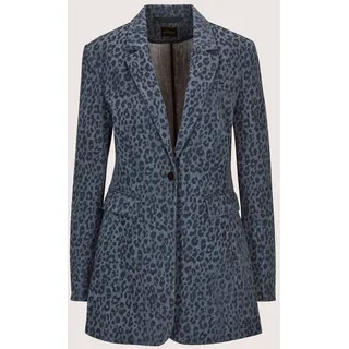 Jackenblazer MADELEINE "Denimblazer Langarm Denimblazer mit Leo-Flockprint", Damen, Gr. 40, blau (blau, nebelblau), Obermaterial: 72% Polyester PES. 25% Baumwolle CO. 3% Elasthan EL., Modern, tailliert, Blazer Jackenblazer, geflockte Ware, Leo-Muster
