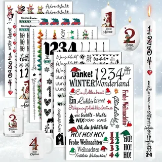 Folie Weihnachten Advent, 6 Stück A5 Weihnachten Advent DIY Kerzenfolie, Kerzen Tattoofolie Advent mit Zahlen, Kerzentattoos Weihnachtens, für Stabkerze Kerzen Tasse Adventskerze