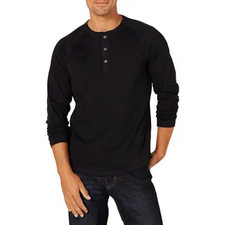 Amazon Essentials Herren Langärmeliges Henley-Shirt, Schmale Passform, Schwarz, M