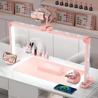 Adonafy Desktop Halbmondlampe für Nägel mit Handyhalter: 34" LED Halbmond Wimpern Lampe für Nageltechniker - 3 Farbmodi Und 10 Helligkeitsstufen Bogen Tischlampe für Maniküre (Rosa mit Diamant)