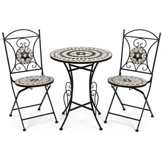 DRW Set aus Tisch und 2 Gartenstühlen aus Metall und Stein in Schwarz und Stein, 72 x 60 x 60 cm