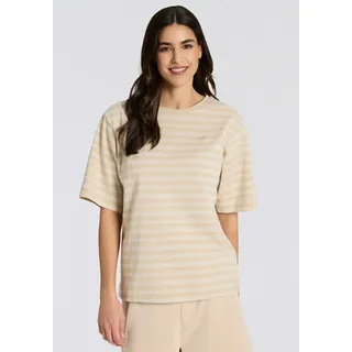 T-Shirt BOSS ORANGE "Eregular Stripe Premium Damenmode", Damen, Gr. XS, beige (open miscellaneous 967), Single Jersey, Obermaterial: 100% Baumwolle, gestreift, relaxed fit normal, Rundhals, Ziersteppung, Shirts T-Shirt, Relaxed Fit, reine Baumwolle