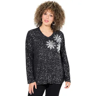 Ulla Popken Damen Sweatshirt, Schneeflocken, V-Ausschnitt, Langarm, Schwarz, 54-56 EU