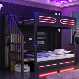 STILVORA Eisenbett 90 × 200 cm mit Matratze, Jugendbett mit Stauraum und kleiner Treppe im Schrankstil, Etagenbett mit LED-Beleuchtung, Hohem Geländer,Schwarz - Schwarz