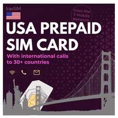 travSIM USA SIM Karte | T-Mobile Netzwerk | 50GB Daten, unbegrenzte Nationale Anrufe & SMS | Die SIM Karte für USA bietet unbegrenzte Anrufe zu 30+ Länder | USA SIM Karte 21 Tage