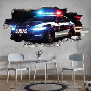 tjapalo® VZ105 3D Wandtattoo mit Namen Polizei Auto Wandaufkleber Kinderzimmer Junge Wandsticker Kinder Deko Wandbild, Größen Name: B62xH34