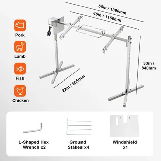 Grill mit Drehspieß - Automatisch - 42W Motor - Verstellbare Höhe - Edelstahl - 139 cm