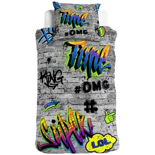 Traumschlaf Graffiti OMG Bettwäsche Jugendbettwäsche Renforcé Baumwolle – Coole Teenager Bettwäsche mit Streetstyle Motiv, atmungsaktiv & pflegeleicht, mit Reißverschluss – 135x200 cm + 80x80 cm