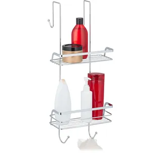 Relaxdays Duschablage zum Hängen, 2 Körbe, 4 Haken, Duschregal ohne Bohren, verchromtes Eisen, Duschaufhängung, silber, 60 cm)