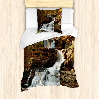 ABAKUHAUS Vereinigte Staaten Mantele, Cascade Delaware, Milbensicher Allergiker geeignet mit Kissenbezügen, 135 cm x 200 cm - 80 x 80 cm, Braun, Grün, Weiß - Braun