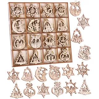 BRUBAKER 48-TLG. Weihnachtsanhänger Set - Baumschmuck aus Holz 3-4 cm - Sterne Tannenbaum Weihnachtsmann Dekohänger Weihnachten - Holzanhänger für den Weihnachtsbaum - Christbaumschmuck