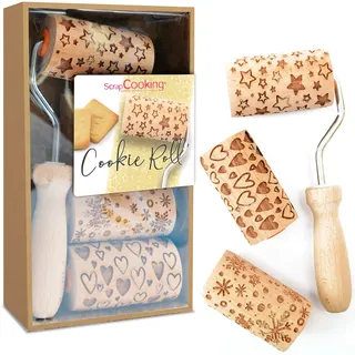 ScrapCook Cookie Roll Set mit 3 Mini-Rollen zum Backen aus Holz mit Motiven – Dekos mit Relief – Backform Dekoration Kekse, Sandgestrahlt, Cookies - 3963, Beige