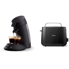 Philips Senseo Original Plus CSA210/60 Kaffeepadmaschine (Kaffeestärkewahl, Kaffee Boost Technologie), schwarz & HD2581/90 Toaster, integrierter Brötchenaufsatz, 8 Bräunungsstufen, schwarz