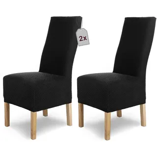 SCHEFFLER-Home Stuhlhussen Stretch Luna-Lang/Stuhlüberzug 2er Set Schwarz/elastische Flanell Stuhlabdeckungen/Stuhlhussen Schwingstühle/Spann-Bezug Stuhl Überwurf als eleganter Schonbezug