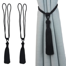 Vorhang Raffhalter Vorhang Seilquasten mit Fransen und Quaste handgefertigt für Haus Dekoration 2 Stück (Black, 2)