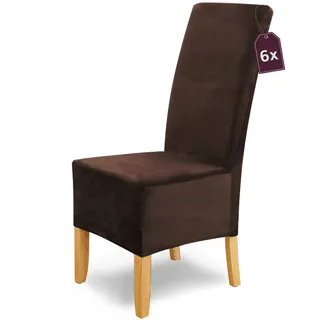 Scheffler Home Stuhlhussen Puma Velano Braun 6er Set – Elastische waschbare Stuhlbezüge aus Samt für Esszimmerstühle und Polsterstühle – Edler Chenille Stuhlüberzug