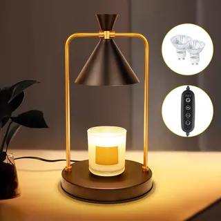 Elektrischer Kerzenwärmer Lampe LED für Duftkerzen: Candle Warmer Lamp mit Metall Windlicht Dimmbarer mit Steckdose Timer und 2PCS Bulb - Kerzen Wärmer Licht für Küche Home Bedside Gift (Schwarz)