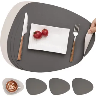 Myir JUN Tischsets abwaschbar doppelseitige Platzdeckchen abwaschbar | 4er Set Platzsets abwaschbar wasserdichte rutschfeste Oval Tischsets aus Kunstleder Untersetzer Teller in Lederoptik