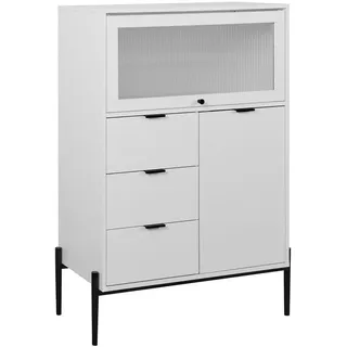 Wishdor Sideboard Weiß, mit Glasfront, 3 Schubladen, 2 Tür und schwarzem Metallgestell, 85/40/120 cm , Holzwerkstoff, Glas , Rechteckig , 85x120x40 cm , Kleinmöbel, Kommoden, Sideboards