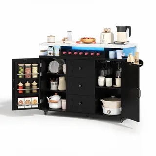 Stilvora Kücheninsel in Schwarz Servierwagen mit klappbarer Arbeitsplatte für Küchen und Esszimmer, B120/T42(60)/H93 cm , Holzwerkstoff , Rechteckig , 138x93x60 cm , Küchen, Küchenmöbel, Kücheninseln