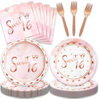 FloralGrace 40 Stück Sweet 10 Party Deko Set, 10 Dessert Teller Und 20 Servietten, Sweet 16 Einweggeschirr Für 20 Personen, Verwendet Für Pink Rose Gold 10