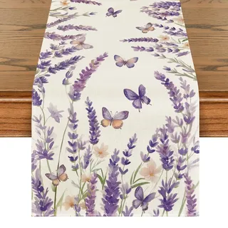 Artoid Mode Lila Blumen Lavendel Schmetterling Frühling Tischläufer, Saisonnal Küche Tisch Dekoration Drinnen Urlaub Party Dekor 40x180 cm