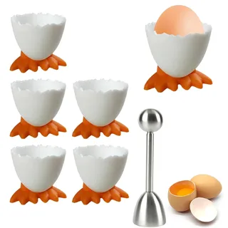 Esshogo 6 Stück Eierbecher und EIN Eieröffner, Cartoon Eierständer Eierbecher, Lustige Eierbecher, Kinder Frühstücks Eierbecher Set Plastik Eierbecher Set für Weich Für Gekochte Eier