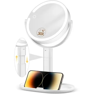 MOMOKUBA Kosmetikspiegel mit Beleuchtung, Vergrößerungsspiegel mit Licht 30fach, Kosmetikspiegel mit Vergrößerung 7", Doppelseitig 3 Farben 64 Led, Schminkspiegel mit Beleuchtung 360° Drehbar, Weiß