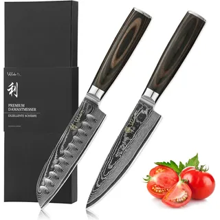 Wakoli EDIB Essentials 2er Damastmesser-Set - Küchenmesser Set aus 67 Lagen Damaststahl, Kochmesser-Set mit kleinem Chefmesser, Santokumesser, Pakkaho