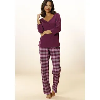 Pyjama VIVANCE DREAMS, Damen, Gr. 52/54, rot (bordeaux), Single Jersey, Obermaterial: 100% Baumwolle, kariert, Basic, lang, V-Ausschnitt, eingesetzt, Homewear-Sets Pyjama, mit karierter Hose