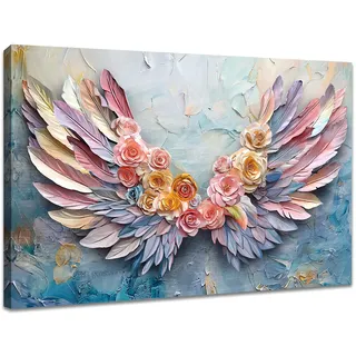 WENGTIAO Rosen Engelsflügel Leinwand Bilder 90x60cm - Kunstdrucke Gerahmtes Bild Bunte Flügel und Blume Malerei auf Leinwand Modern Wanddeko Wandbilder Wohnzimmer Schlafzimmer Room Decor