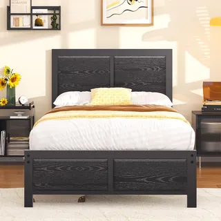 VECELO Bettgestell 90 x 200 cm, Metallbett mit Dick Holzkopfteil und Lattenrost, Modern Gästebett Jugendbett mit Stauraum Unter Dem Bett, Perfekt für Schlafzimmer, Schwarz