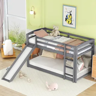 MODFU Etagenbetten Kinderbett 90x200cm Hochbett mit Rutsche(ohne Matratze),Grau, Massivholzrahmen - Grau