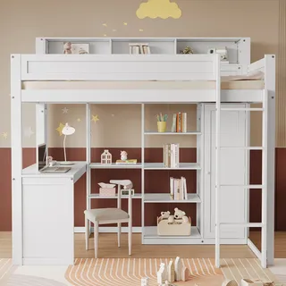 Merax Etagenbett 90x200cm mit Schreibtisch und Kleiderschrank, Hochbett mit Regalen und Leiter, Kinderbett mit Rausfallschutz und Lattenrost, Weiß - Weiß