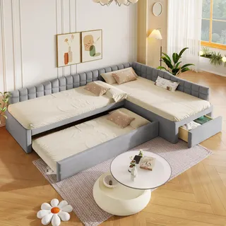 STILVORA Polsterbett 90x200cm mit Ausziehbett, Schlafbett mit Schubladen und weichem Samtbezug, Bett mit L-förmigem Design, Grau - Grau