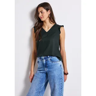 Shirttop STREET ONE, Damen, Gr. 44, grün (pine grove grün), Jersey, Obermaterial: 95% Viskose, 5% Elasthan, unifarben, regular fit taillenbedeckt, V-Ausschnitt, Volant, Tops Shirttop, mit Häkeldetails, Topseller