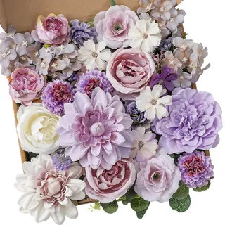 Garisey Künstliche Blumen Kombi-Box Set für DIY Hochzeit Blumenstrauß Arrangements Brautdusche Party Home Dekorationen (Weiß Lila Pfingstrose)