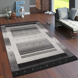 Teppich Wohnzimmer Kurzflor Ethno Design Geometrisch Handgearbeitet Gabbeh Grösse 120x170 cm - Grau
