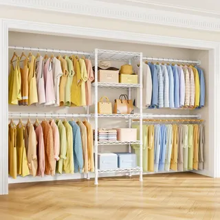 Ulif M2 Schrank-Organizer-System, 150 cm Höhe, montiert an der Wand, Kleiderständer mit 4 erweiterbaren Kleiderstangen, 5 Ablagen in 60 cm L x 36,8 cm B, passend für Gesamtfläche von 1,8–2,7 m, Weiß