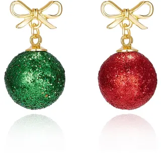 IMINI Weihnachtskugel-Ohrhänger - Rote & grüne Glitzer-Christbaumkugeln mit Schleife, hypoallergener Weihnachtsschmuck Geschenk für Frauen & Mädchen