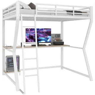 Beaok Hochbett mit Schreibtisch 140/200 cm in Weiß – mit Treppe, LED-Licht und Usb , Metall , 140x200 cm , Babymöbel & Kindermöbel, Kinderzimmer & Jugendzimmer, Kinderbetten, Hochbetten