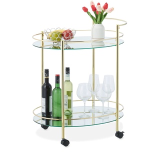 Relaxdays Servierwagen, 2 Ebenen, verspiegelter Luxus Barwagen, HxBxT: 79x68x45 cm, drehbare Rollen, Glas & Metall, Gold