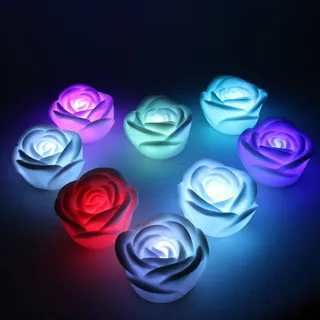Spacnana 4 Stück Schwimmende Kerzen Flammenlose Rose Teelichter Bunte Wasserdichte Blumenwachskerzen für Hochzeitsfeierdekoration