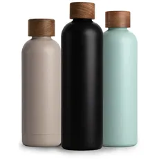 Bild von Edelstahl Trinkflasche 1 Liter, Thermosflasche 1l mit Akazienholz Deckel, Isolierte Wasserflasche auslaufsicher bei Kohlensäure, Isolierflasche 1000ml - Anthrazit