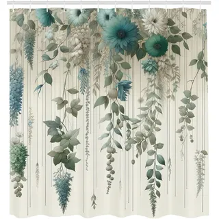 ABAKUHAUS Salbeigrün Duschvorhang, Gedämpfte Farben Fantasiewaldblätter und Wildblumen auf beigem Hintergrund, Stoffliches Gewebe mit Haken, 175 x 200 cm, Eierschale Grau Türkis