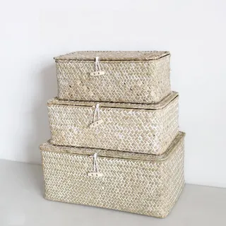 HAPYFURN Seegras Aufbewahrungskorb mit Deckel Handgefertigter Gewebter Rechteckige Rattan Box für Spielzeug Kleidung Bücher Schlüssel Make up Organizer, 3er-Set Regalkorb