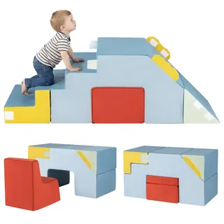 FANTASK 4-teilige Schaumstoffbausteine 3in1, Softbausteine mit Treppe & Tunnel, EN-71 Zertifiziert, Riesen Krabbel & Rutschbausteine, XXL Indoor Spielset für Kinder ab 1 Jahr