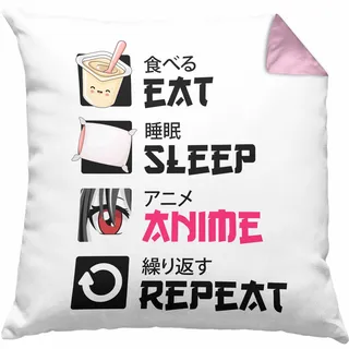 Trendation Eat Sleep Anime Kissen mit Füllung 40x40 Geschenk Spruch Geschenke Deko (Rosa)